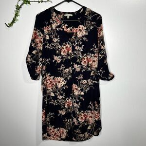 41 Hawthorn Dress Navy Blue Floral Mauve Cream Long Sleeve Roll Sleeve